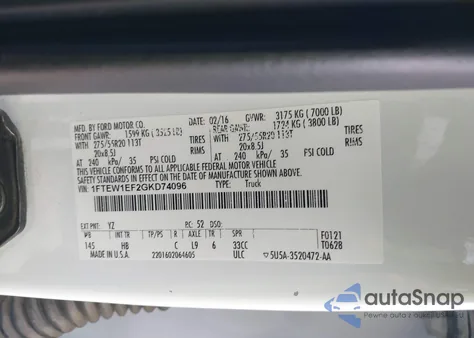 2016 Ford F-150 Lariat from USA, damaged, VIN 1FTEW1EF2GKD74096